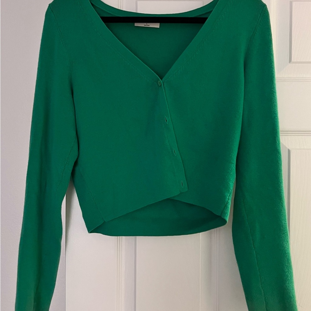 Aritzia Babaton Wool and Cotton Green V-Neck Cardigan